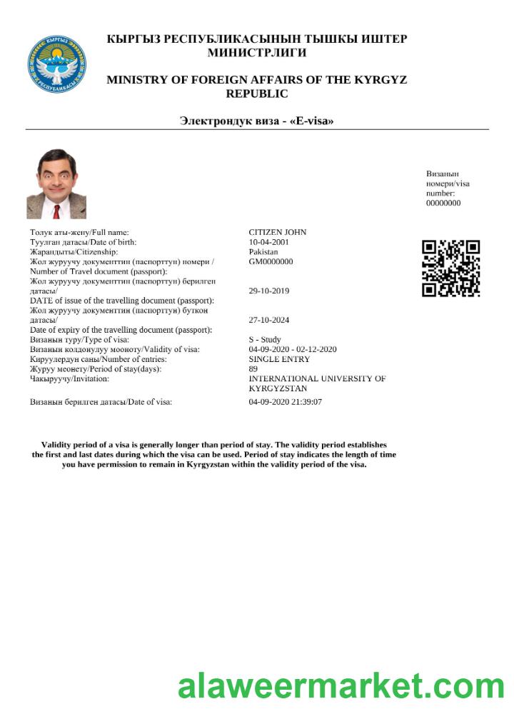 Kyrgystan e-visa in Word and PDF template